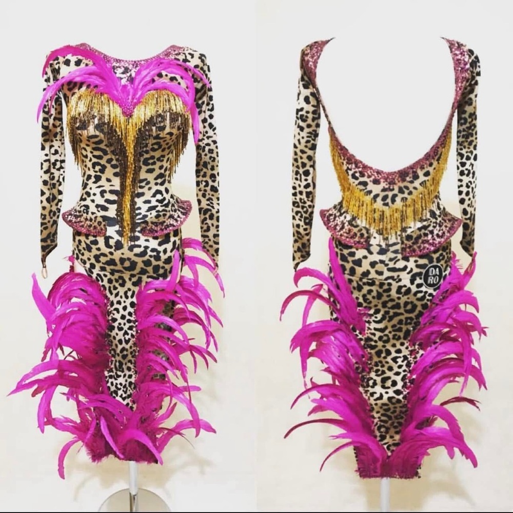 Latin Ballroom Leopard Feather Fringe Showgirl Costume in Hot Pink & Gold